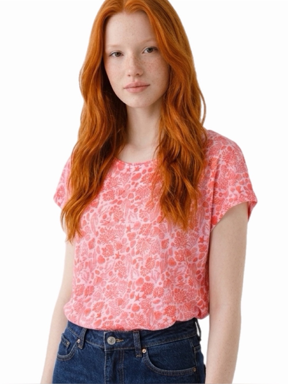 SIGRID OLSEN 100% Linen Pink Coastal Print Short-Sleeve Tee Back Buttons Size XL